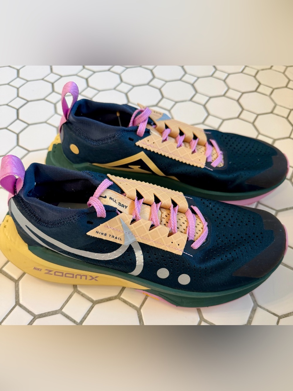 Nike Zoom Trail All Day Shoes - Navy, Pink, Tan, Green - size 8.5